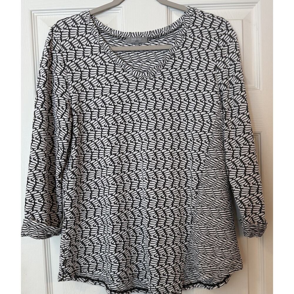 Habitat 3/4 Sleeve Top Sz Small Black & White Shirt Stretch Lagenlook Asymmetric